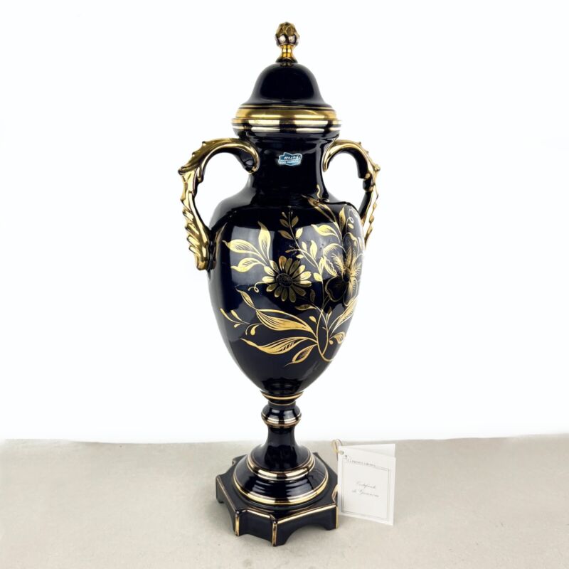 Vase antique en céramique bleue et or, porte-fleurs des années 50